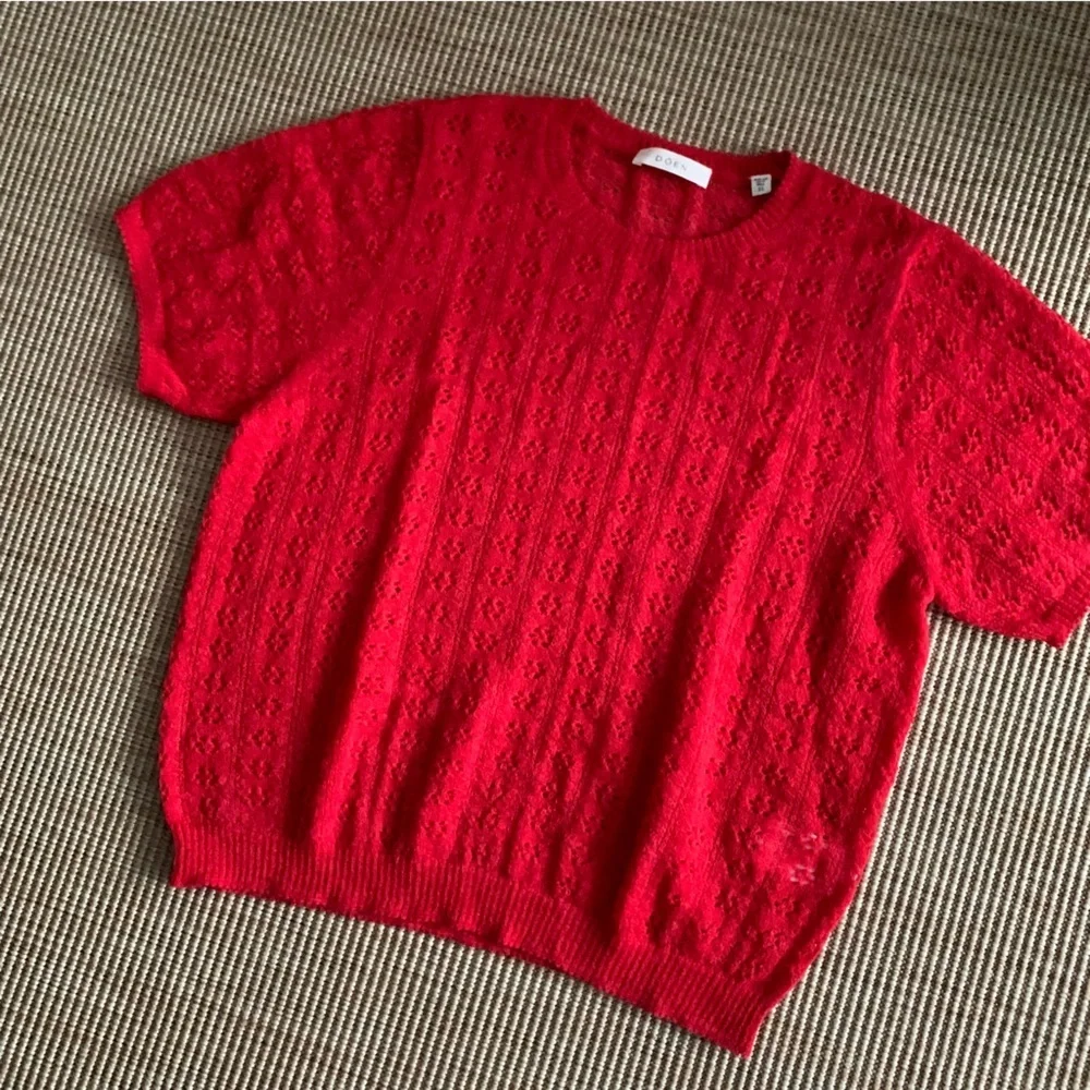 Doen Monica Alpaca Wool Pointelle Short Sleeeve Crew Neck Sweater Top Cherry Red